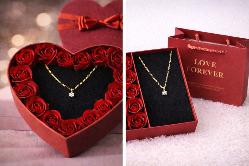 Naszyjnik kwiatuszek, złoty z kryształkami. Prezent na Walentynki